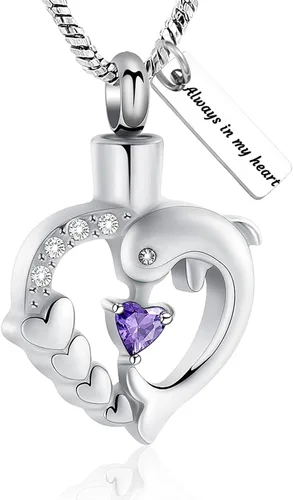 Miniatura 35 de Yinplsmemory Collar de urna de corazón de delfín para cenizas para mujer, colgante de urna de corazón de cristal, collar de recuerdo de cenizas