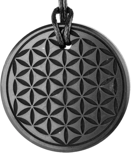 Colgante Shungite grande - Flor de la Vida - 1.8 pulgadas - Auténtico collar de amuleto de piedra shungita - Hecho a mano - TOLVU, Piedra, Shungita