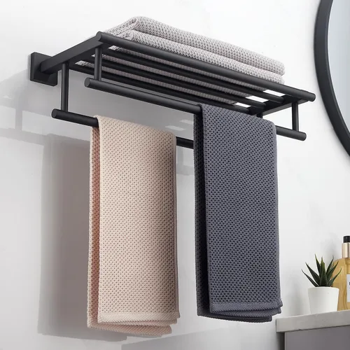 Miniatura 3 de Toallero con estante de 20 pulgadas, toalleros dobles para baño, soporte de toallas de baño negro mate, toallero de acero inoxidable SUS304