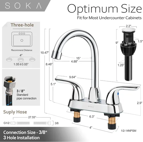 Miniatura 5 de SOKA Grifo de baño central de dos asas para fregadero de acero inoxidable de arco alto con placa de cubierta y montaje de drenaje desplegable