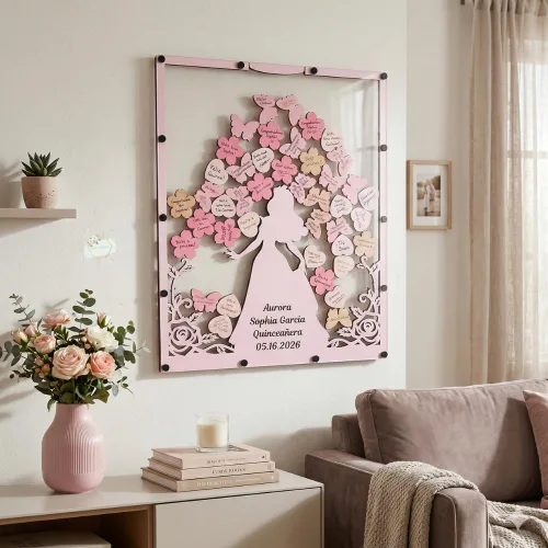 Miniatura 3 de Quinceanera Guest Book Alternative, Personalized Wooden Acrylic Princess Dress Frame with Butterfly Drop Chips, Custom Name Date Sign in Keepsake Set