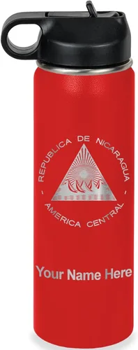 Miniatura 33 de LaserGram Botella de agua personalizada, bandera de Nicaragua, acero inoxidable de doble pared aislada al vacío con popote superior, regalo grabado