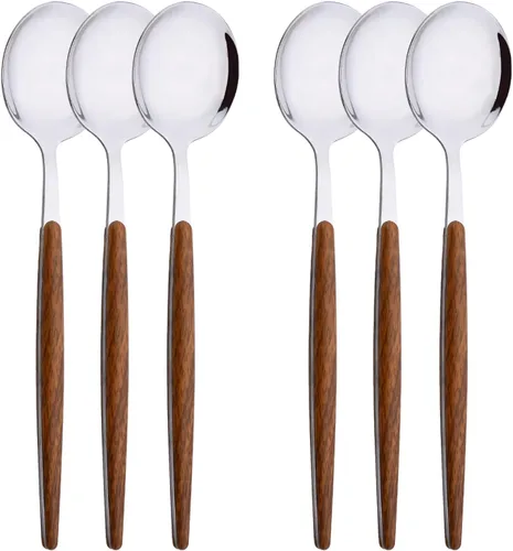 Miniatura 9 de Juego de cubiertos de acero inoxidable con mango de efecto de madera Cubiertos pulidos con espejo plateado, utensilios de cocina para el hogar
