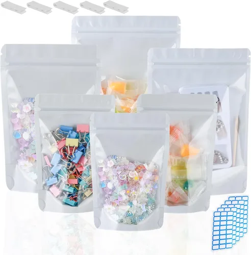 Miniatura 17 de Paquete de 150 bolsas de papel kraft con ventana de 8x12, bolsas de Mylar grandes con cierre y base para almacenamiento de alimentos, bolsa