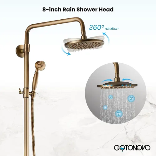 Miniatura 8 de Antiuqe - Accesorio de ducha de latón de 8 pulgadas con boquilla de bañera montado en la pared, 2 manijas cruzadas con latón antiguo a juego, tubo