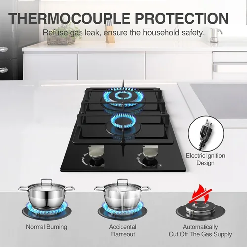 Miniatura 3 de Estufa de Gas de 2 Quemadores Encimera de Propano de 12 pulgadas, Nafewin Encimera de Gas Portátil de Vidrio Templado con Protección de Termopar