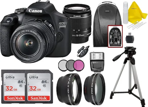 Ultimate Deals Canon EOS 2000D / Rebel T7 Cámara DSLR con lente de zoom EF-S de 0.709-2.165 in + 2 tarjetas de memoria SanDisk de 32 GB + trípode +