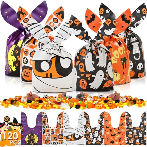 Miniatura 10 de AhfuLife 200 bolsas de celofán de Halloween, 8 diseños de bolsas de dulces transparentes de Halloween con lazos giratorios para golosinas o tratos