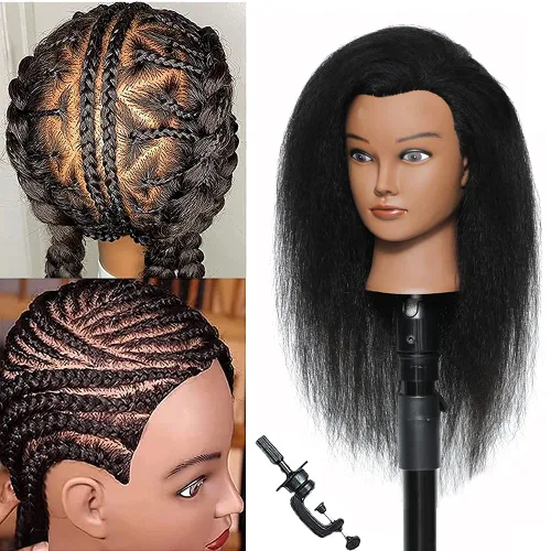 Cabeza de maniquí con cabello 100% real, cosmetología, cabeza de muñeca, peluquero, práctica de peinado, cabeza de entrenamiento con soporte de