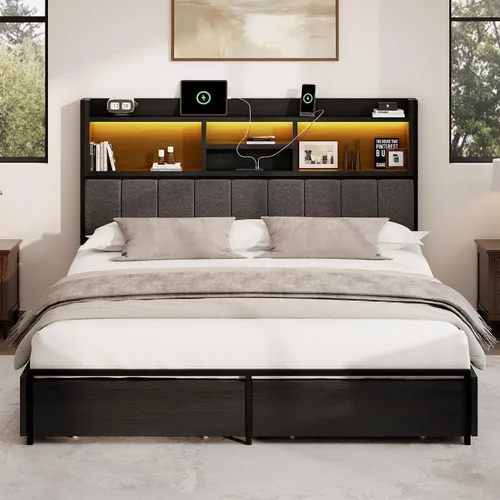 Miniatura 9 de BRELTAM Base de cama Queen con 6 cajones de almacenamiento, cabecera tapizada de lino, estación de carga USB integrada e iluminación LED, soporte