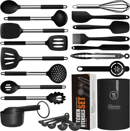 oannao Juego de utensilios de cocina grandes de silicona, resistentes al calor, espátula, cuchara, pinzas giratorias, batidor, utensilios de cocina