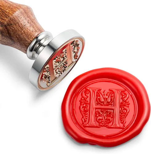 Miniatura 13 de Sello de cera Mceal, sello grande 1 1/5"(30mm) de diámetro, cabeza de latón plateado con mango de madera, serie de letras A a Z de estilo regio