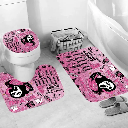 Miniatura 4 de Juego de 4 cortinas de ducha de Halloween, juego de cortina de ducha gótica rosa aterradora para decoración de baño de Halloween, con antideslizante