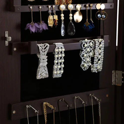 Miniatura 11 de SONGMICS - Armario gabinete de joyería con espejo espejo grande de pie de cuerpo completo organizador de joyas con cerradura color marrón UJJC69BR