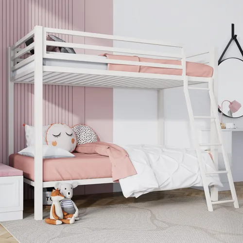 Miniatura 9 de SHA CERLIN Cama Litera Loft Tamaño Individual sobre Individual con Escalera y Barandilla, Soporte de Listones de Metal Resistente Sin Necesidad