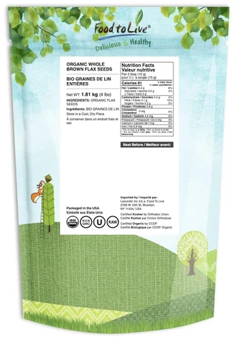 Miniatura 2 de Food to Live Semillas de lino marrón orgánico, 4 libras, semillas de lino crudas enteras, sin OMG, sin tostar, secas, kosher, veganas. Ricas