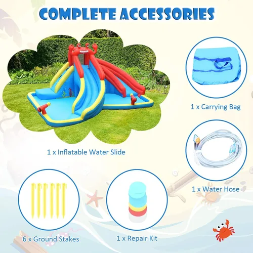 Miniatura 8 de BOUNTECH - Tobogán acuático inflable, parque acuático 7 en 1 para niños y adultos, diversión al aire libre con doble tobogán largo, soplador de 950