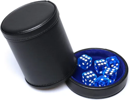 Miniatura 4 de Taza de dados de piel sintética con tapa, vaso de terciopelo azul para interiores silenciosos, incluye 6 dados azules translúcidos