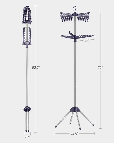 Miniatura 60 de SONGMICS ULLR510B01 - Estante de secado de ropa plegable de 59 pulgadas con 3 brazos giratorios para perchas, 4 patas, acero inoxidable, para 27