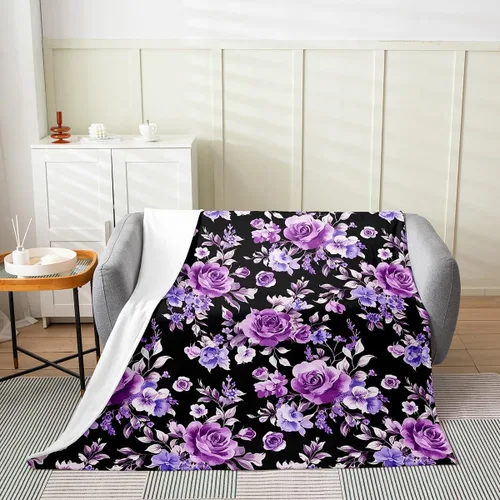 Miniatura 2 de Erosebridal Manta de rosa de 40 x 50 pulgadas, manta exótica de vellón floral de flores moradas para decoración de dormitorio, manta de franela