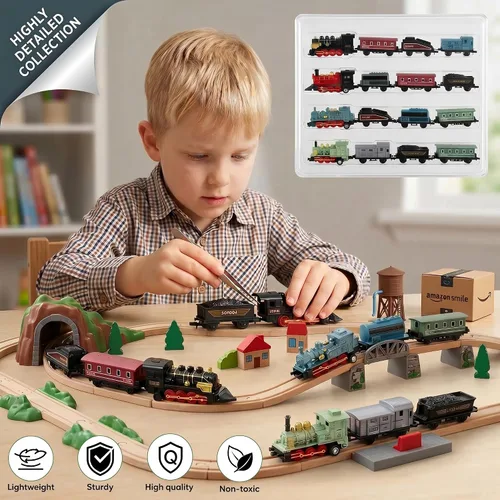 Miniatura 3 de Exasinine 4 Juegos de Modelos de Tren de Vapor con Locomotora de Metal Fundido a Presión con Retroceso para Exhibición o Juego - Decoración Ideal