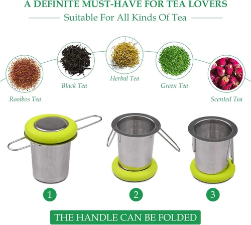Miniatura 5 de Infusor de Té de Acero Inoxidable Colador de Té Mango Plegable Filtro de Té Colador de Malla Extra Fina Cesta de Preparación con Tapa para Té