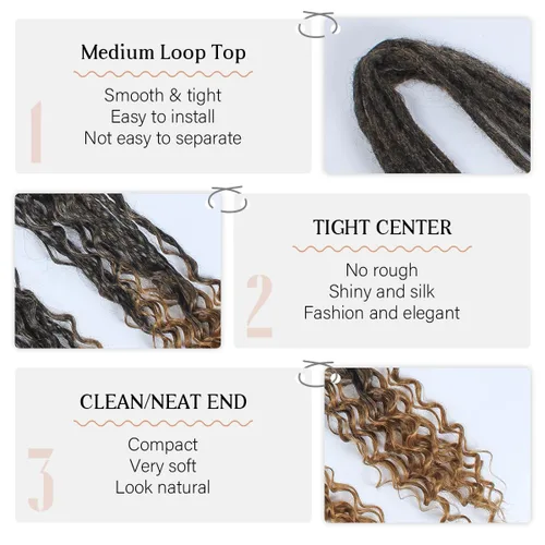 Miniatura 4 de Extensiones de rastas trenzadas bohemias de 24 pulgadas, 10 hebras de rastas sintéticas rizadas color marrón degradado con trenza de caja, rastas
