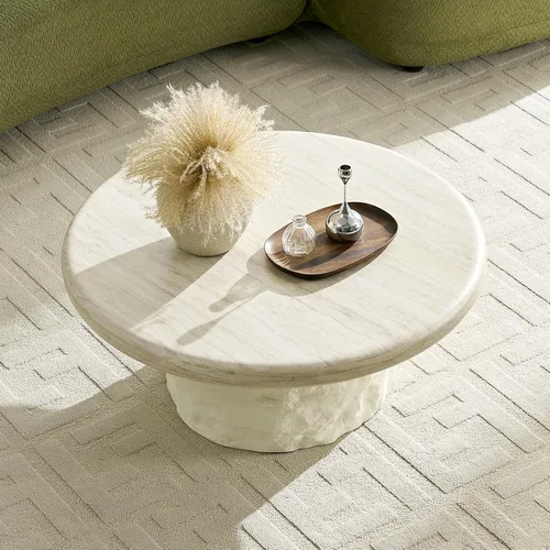 Miniatura 33 de Ø35.43'' Mesa de café redonda para sala de estar, moderna mesa de café en forma de tambor, material de fibra de vidrio, sin ensamblaje, beige