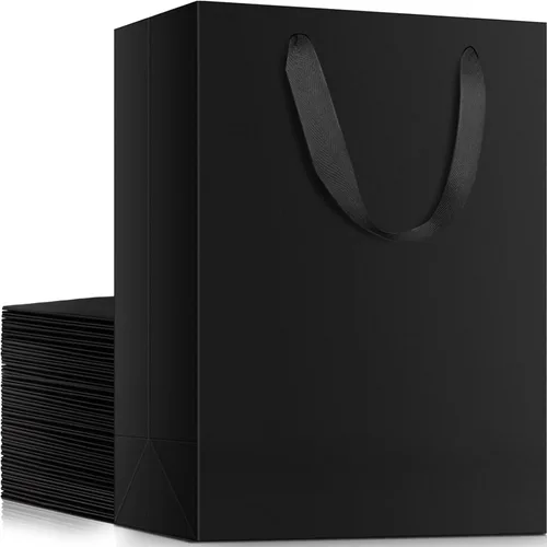 EUSOAR Bolsas de compras para boutique, 20 piezas de 7.8 x 3.9 x 11 pulgadas, bolsas de regalo de papel kraft negro medianas resistentes con asa de