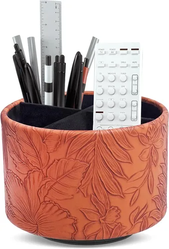 Miniatura 10 de Organizador Redondo de Cuero para Suministros de Arte, Soporte para Control Remoto, Rotación de 360 Grados, Soporte Multifuncional para Lápices