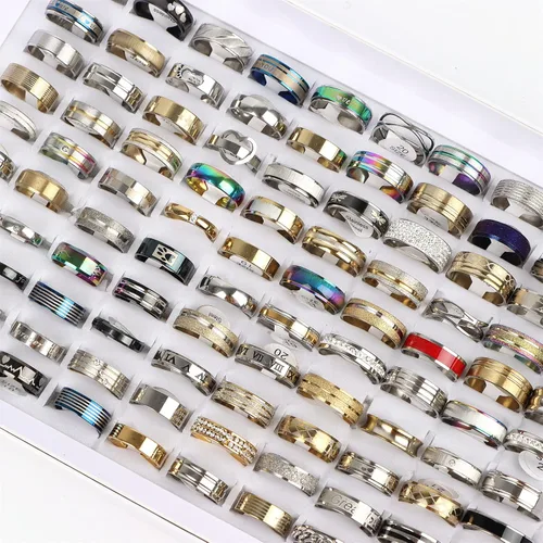 Miniatura 6 de 50PcsLot Fashion Stainless Steel Heart Rhinestone Band Rings For Women Men Mix Style Party Jewelry Wholesale