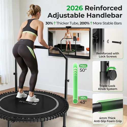 Miniatura 5 de BCAN BT2 - Mini trampolín de rebote de 450/550 libras para adultos con barra, trampolín de fitness con cuerdas elásticas, mango ajustable, estable