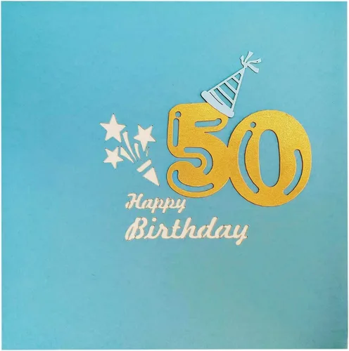 Miniatura 6 de iGifts And Cards Tarjeta de felicitación desplegable 3D con caja de fiesta de cumpleaños número 50 color azul – Cincuenta, impresionante, globos