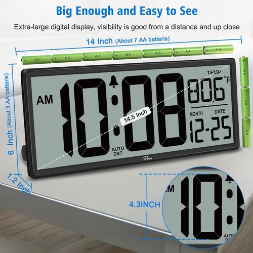 Miniatura 8 de WallarGe Reloj de Pared Digital con Retroiluminación Operado por Batería - con Temperatura y Fecha 14.5'' Reloj de Pared Digital Grande, Fácil