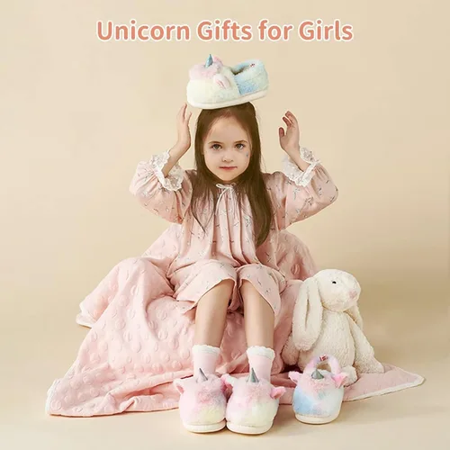 Miniatura 3 de Yooname Cute Unicorn Dinosaur Plush Warm Slippers for Kids Toddlers Girls Boys, Winter Cozy House Non-slip Slippers for Indoor Outdoor,Unicorn Gift