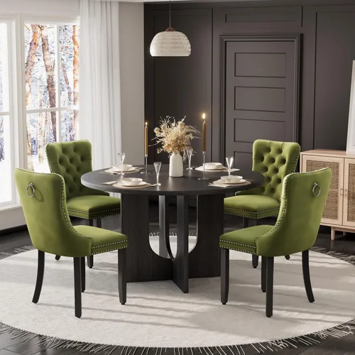 Miniatura 26 de Mesa de comedor redonda de 47 pulgadas para juego de mesa de cocina rústica de 6,7 piezas, mesa de comedor de granja, sillas negras de alta gama