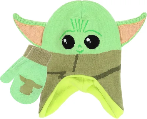 Star Wars Baby Yoda - Gorro de invierno y guantes de nieve para niños y niños pequeños, juego de 3 piezas de gorro cálido con pompón con caja de