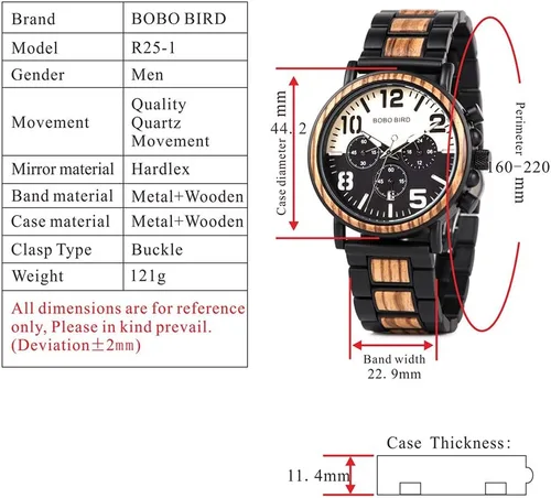 Miniatura 7 de BOBO BIRD Reloj de acero inoxidable de madera para hombre, cronógrafo, relojes de cuarzo