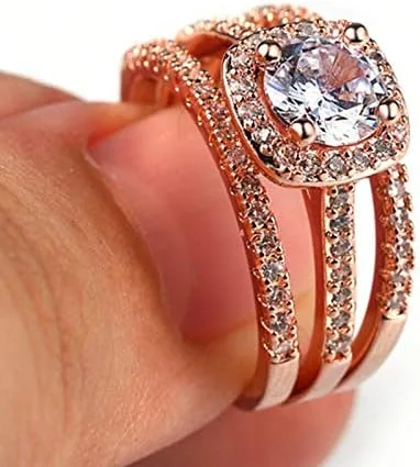 Miniatura 4 de Juego de anillos de compromiso de boda tres en uno de oro rosa plateado, Metal, Zirconia cúbica