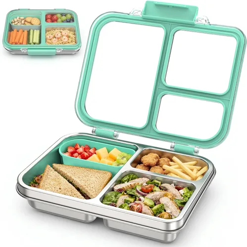 Lonchera Bento de acero inoxidable para niños, lonchera metálica de 3 compartimentos con tapa transparente y silicona extraíble, lonchera para niños