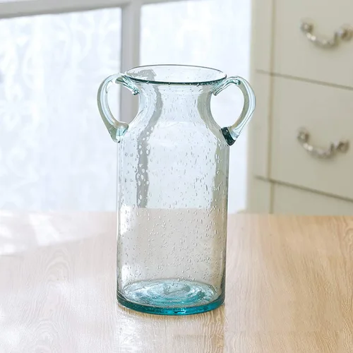 Jarrón grande de vidrio transparente con doble oreja y burbujas decorativas hechas a mano de relleno, (azul, morado, gris, verde) floreros coloridos