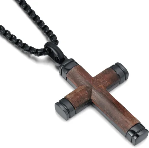 Collar de cruz de madera para hombre, sándalo real con incrustaciones a mano collares de cruz para hombre, colgante de crucifijo de acero inoxidable
