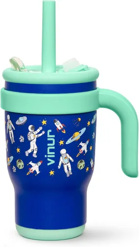 Miniatura 13 de VINUR Vaso para niños con asa - 14 oz de acero inoxidable con aislamiento al vacío de doble pared con tapa y pajita, vaso de agua de viaje