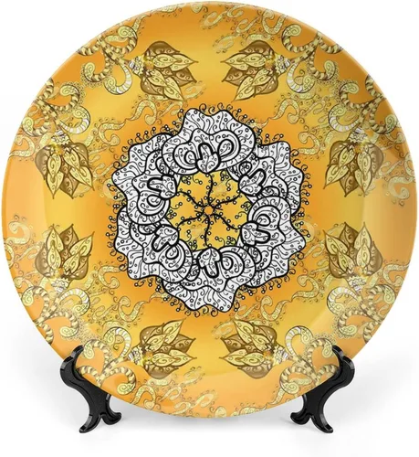 Plato decorativo de 6 pulgadas, plato de porcelana de mandala amarillo, pétalos ornamentados en espiral del universo espiritual, placa de exhibición