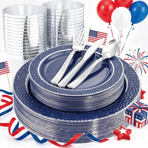 Ciaell 150 platos de plástico azul y plateado – El plato desechable azul incluye 50 platos, 25 cuchillos, 25 tenedores, 25 cucharas, 25 tazas para