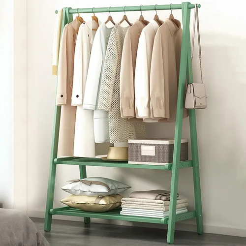 Perchero de bambú portátil plegable con estantes de almacenamiento y riel de ropa colgante para entrada, dormitorio, espacios pequeños
