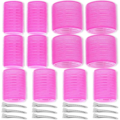 Juego de rulos de cabello de autoagarre, 24 piezas con 3 tamaños (4 jumbo, 4 grandes, 4 medianos) y 12 clips para volumen en cabello largo, corto,