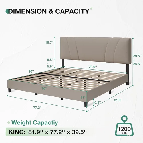 Miniatura 2 de Novilla Base de cama tamaño King con cabecera ajustable, marco de cama King, cabecera tapizada de tela de lino, no necesita somier, sin ruido, Beige