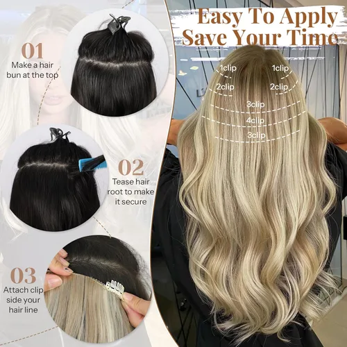 Miniatura 5 de KooKaStyle Extensiones de cabello con clip, extensiones de cabello grueso y largo y lacio, con trama de encaje suave, ligeras, 7 unidades, Rubio