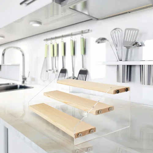Miniatura 4 de Organizador de especias Homakover de acrílico y madera en niveles - Organizador de 3 niveles transparente para gabinete de cocina y almacenamiento 3